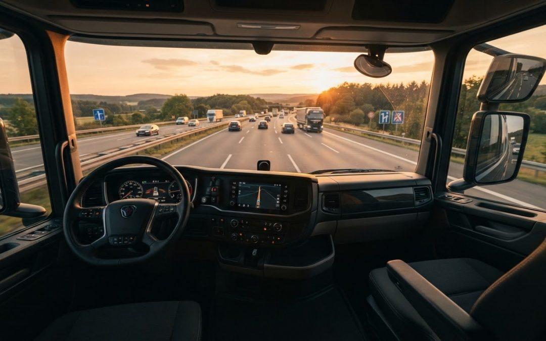 Moderne LKW-Fahrerkabine mit digitalem Cockpit auf der Autobahn
