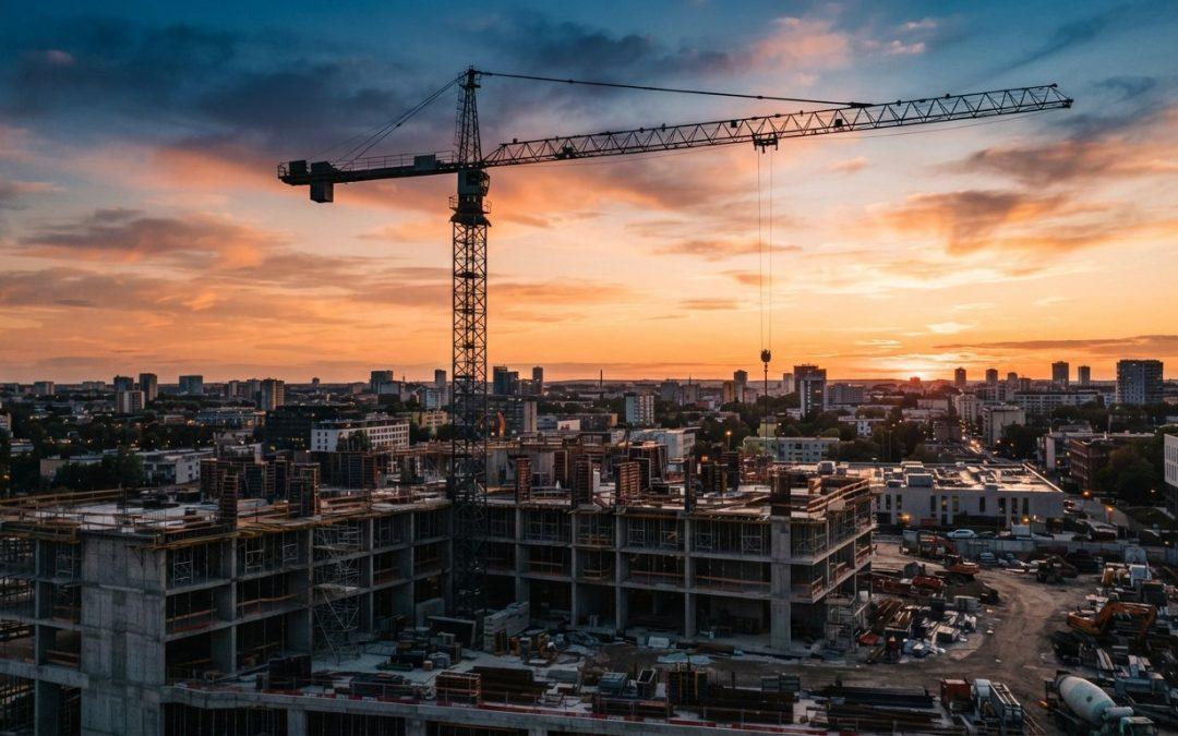 Turmdrehkran über einer Baustelle im Abendlicht — Symbolbild zum Berufsbild Turmdrehkranfahrer