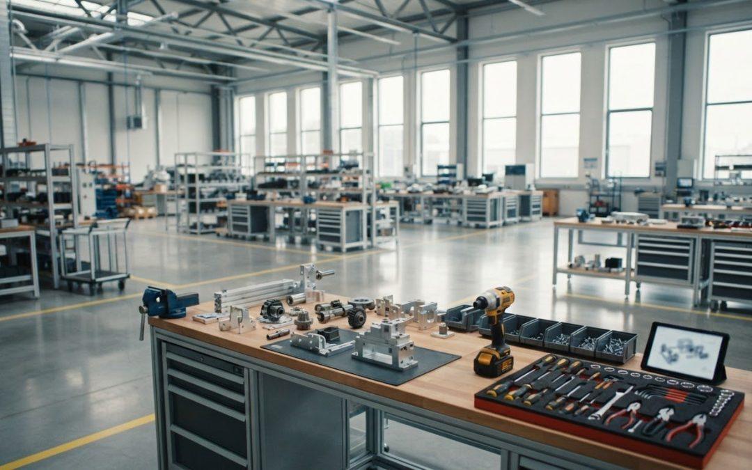Moderner Montagearbeitsplatz mit Werkzeug und Maschinenteilen — Berufsbild Produktionshelfer