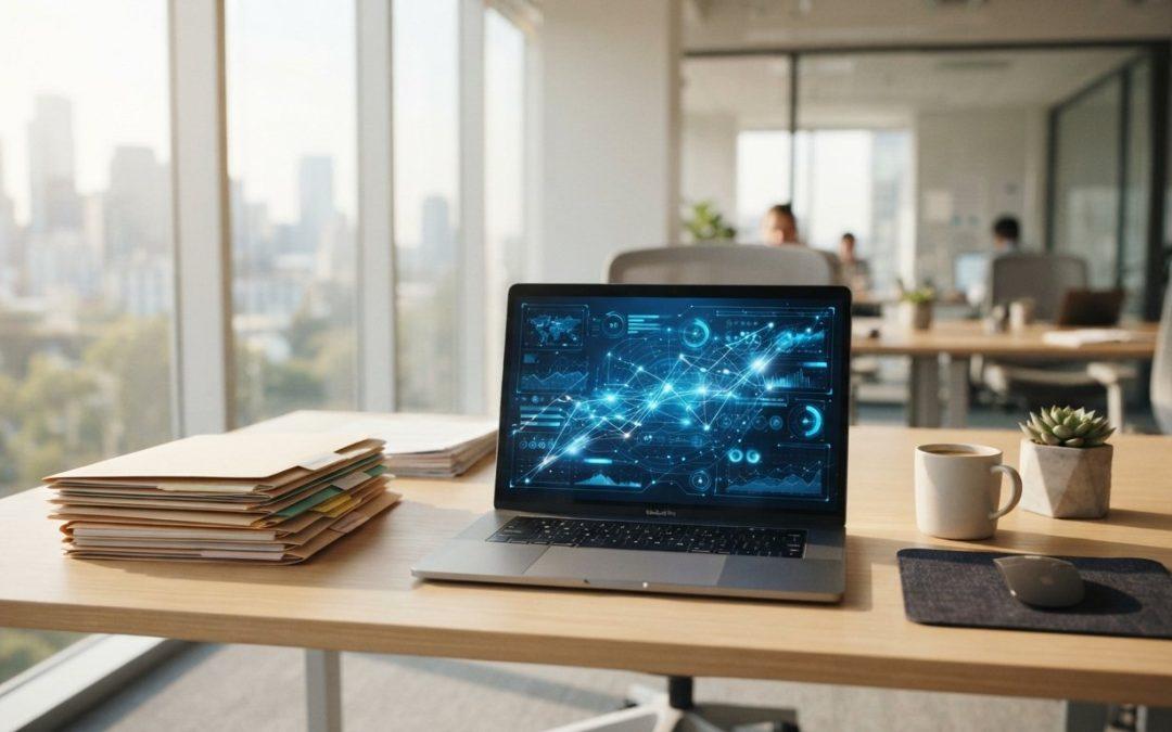 Laptop mit abstrakter Datenauswertung neben Bewerbungsunterlagen — KI-Verordnung Bewerbung